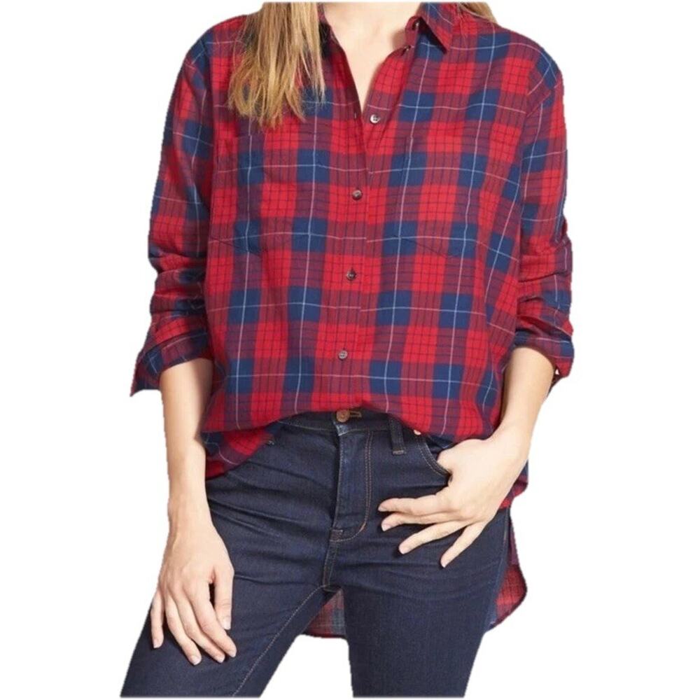 J.Crew Boy Fit Women's Size M Red / Blue Plaid Button-Up 100% Cotton Shirt